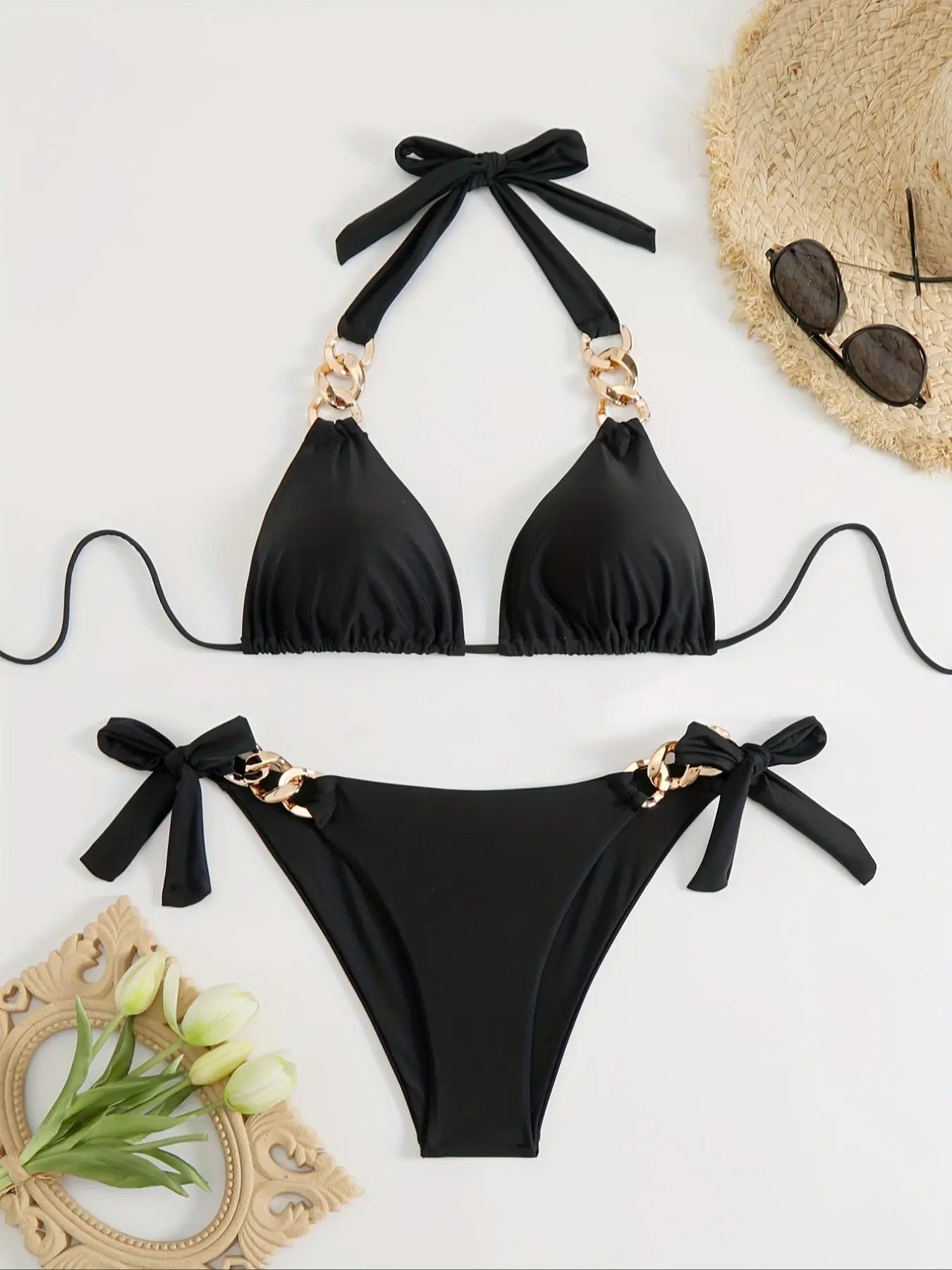 Women'S Solid Color Chian Decor Bikini Set, Casual Fashion Swim Bra & Swim Panty Swimsuit Set, Ladies Swimwear for Beach Holiday Vacation, Bathing Suits, Bikinis Sets
