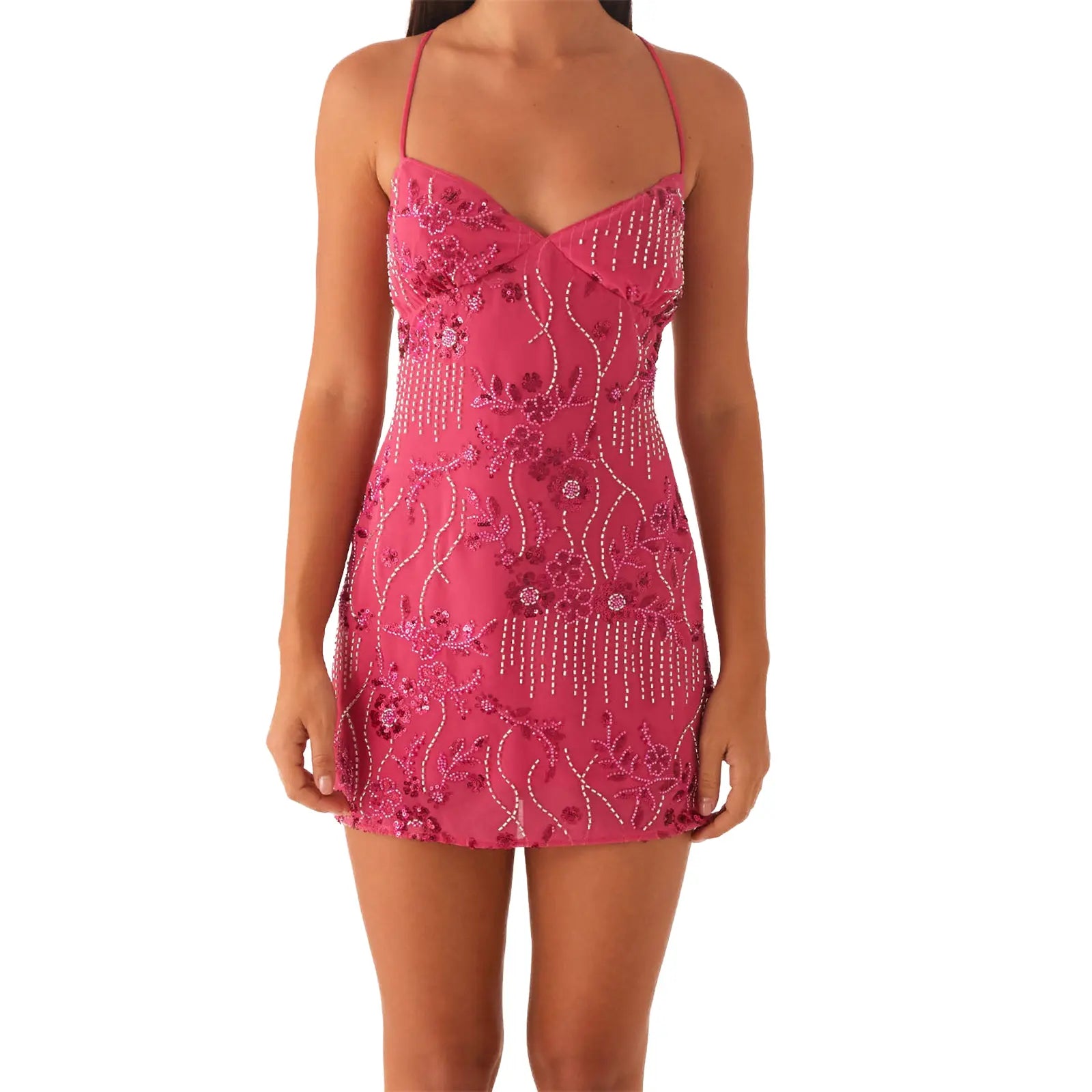 Women Mini Dress Sequins Flower Embroidery Sleeveless Cami Dress Summer Cross Backless Spaghetti Strap Dress