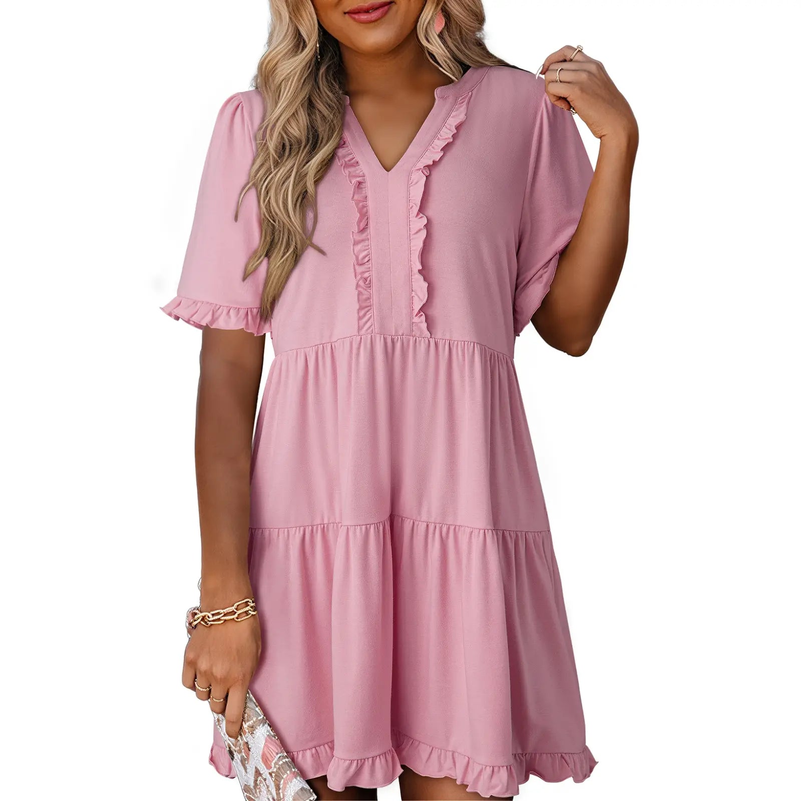 Dokotoo Womens Dresses 2026 Summer Spring V Neck Ruffle Short Sleeve Casual A-Line Flowy Swing Shift Dress Mini Dress