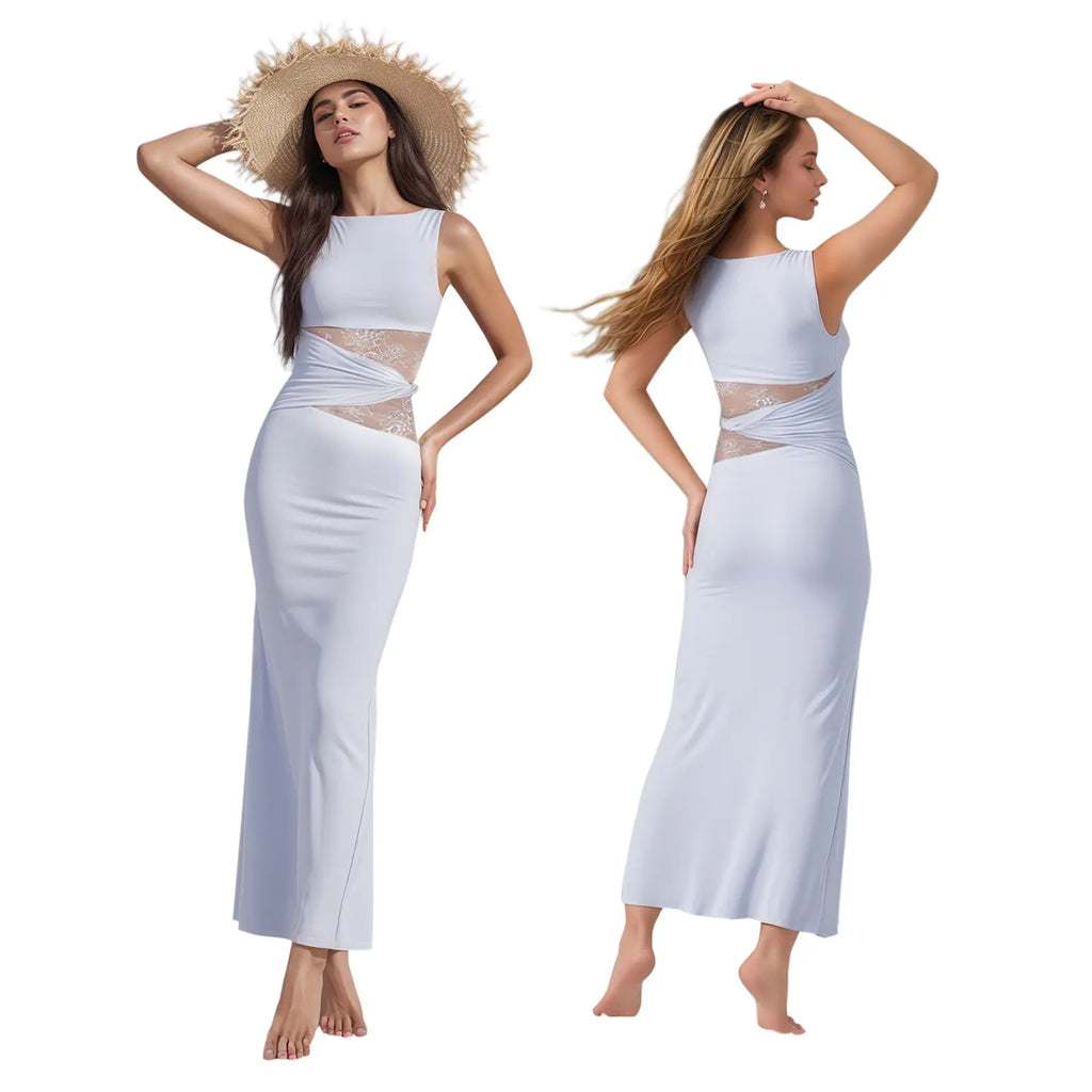 Women’S Summer Bodycon Dress - Lace Sexy Patchwork Sleeveless Casual Fashion Long Dress for Elegant Style