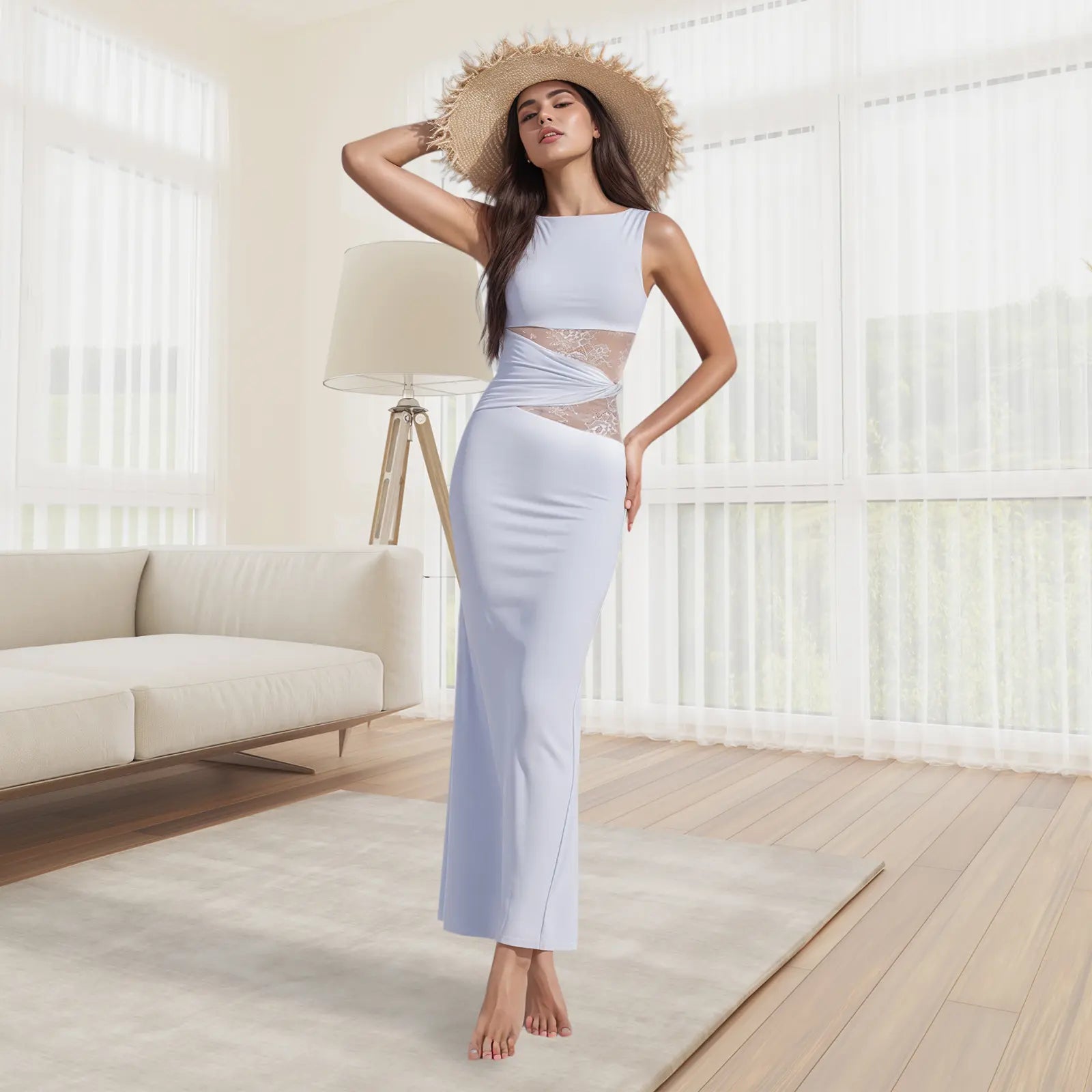 Women’S Summer Bodycon Dress - Lace Sexy Patchwork Sleeveless Casual Fashion Long Dress for Elegant Style