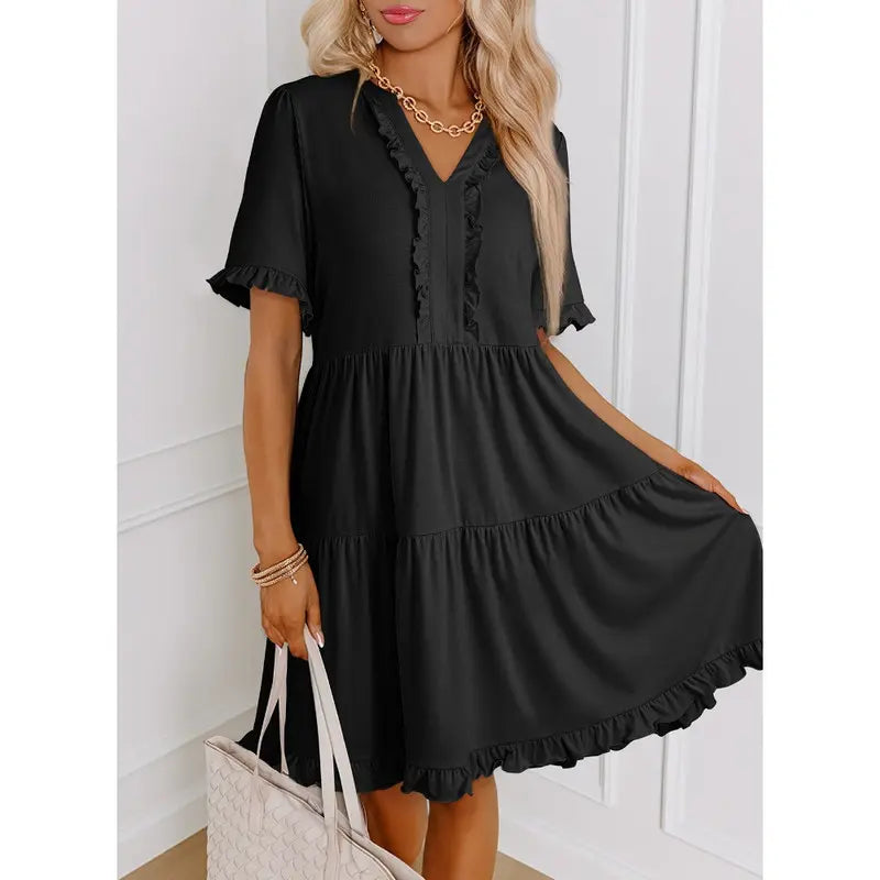 Dokotoo Womens Dresses 2026 Summer Spring V Neck Ruffle Short Sleeve Casual A-Line Flowy Swing Shift Dress Mini Dress