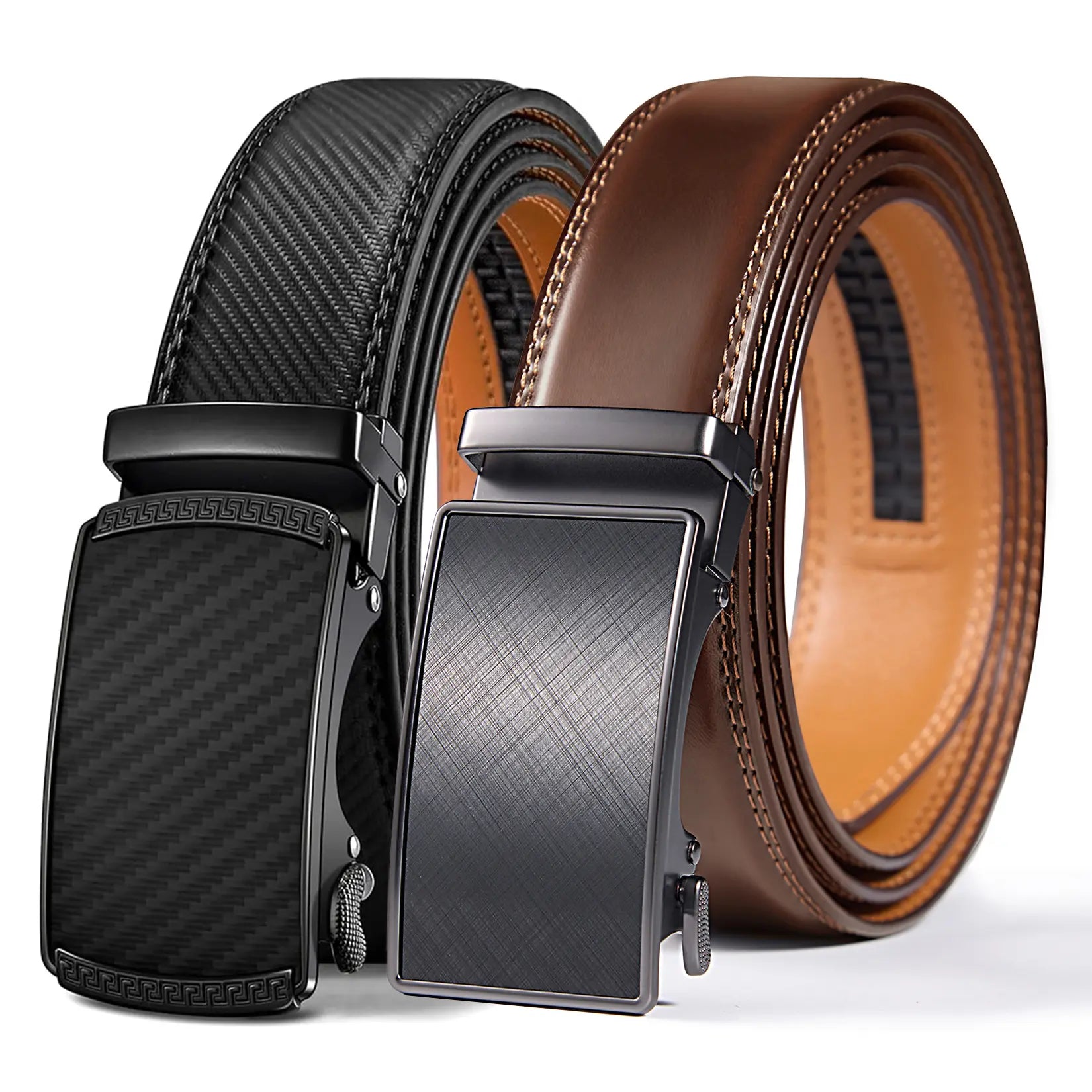 VATAN Premium Belts for Men 2 Pack - Mens Belt Leather Hip Dips Men Belt with Auto Buckle Jeans Belt Golf & Casual Style Trendy Must-Have Belts in Gift Set Box Can Be Cut to Adjust Length, Guys Gifts, Gifts for Him