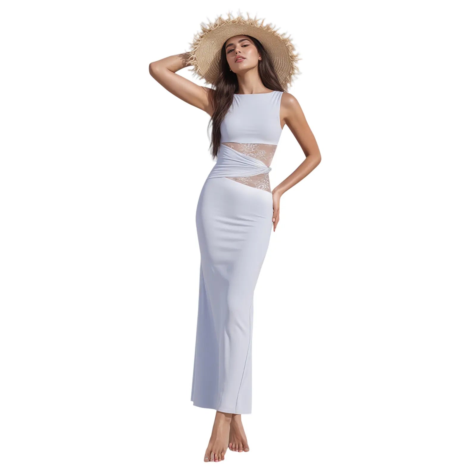 Women’S Summer Bodycon Dress - Lace Sexy Patchwork Sleeveless Casual Fashion Long Dress for Elegant Style