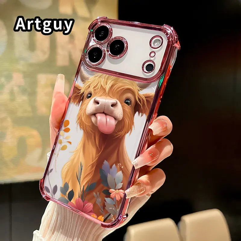 Phone Case for Iphone 17 16 Pro Max 15 plus 14 13 12 11 E Air Fluffy Cow Charm Pattern Mobile Four Corner Anti-Drop Shockproof Non-Slip Silicone Transparent Protective Cover