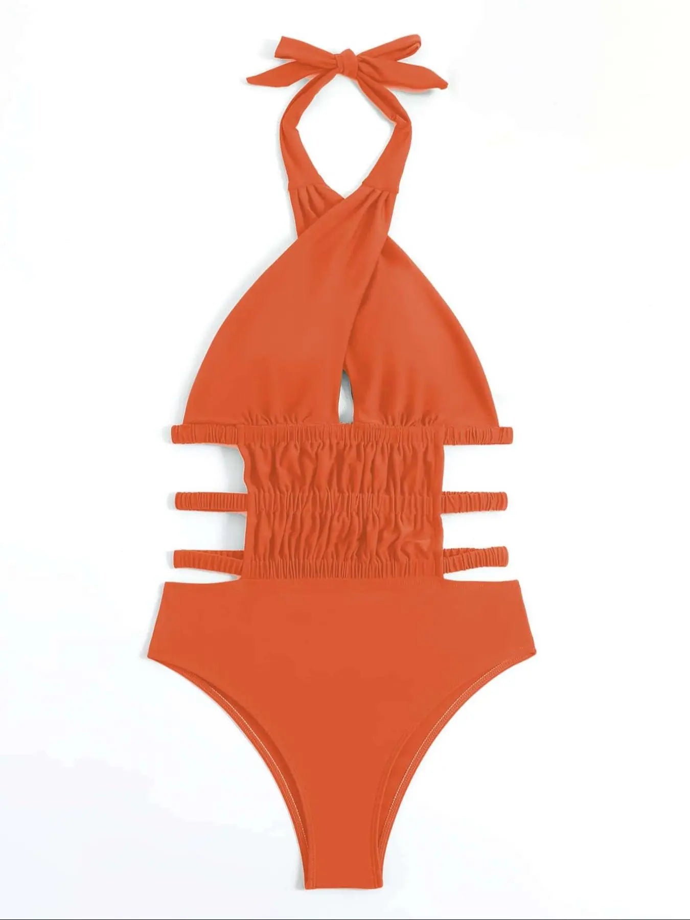 Women'S Solid Color Tie Shoulder Swimsuit, Casual Fashion Swimwear for Beach Holiday Vacation, Ladies Swimsuit for Summer, Ruched Swimsuit, Ruched Halter Swimsuit, Tummy Control Swimsuit