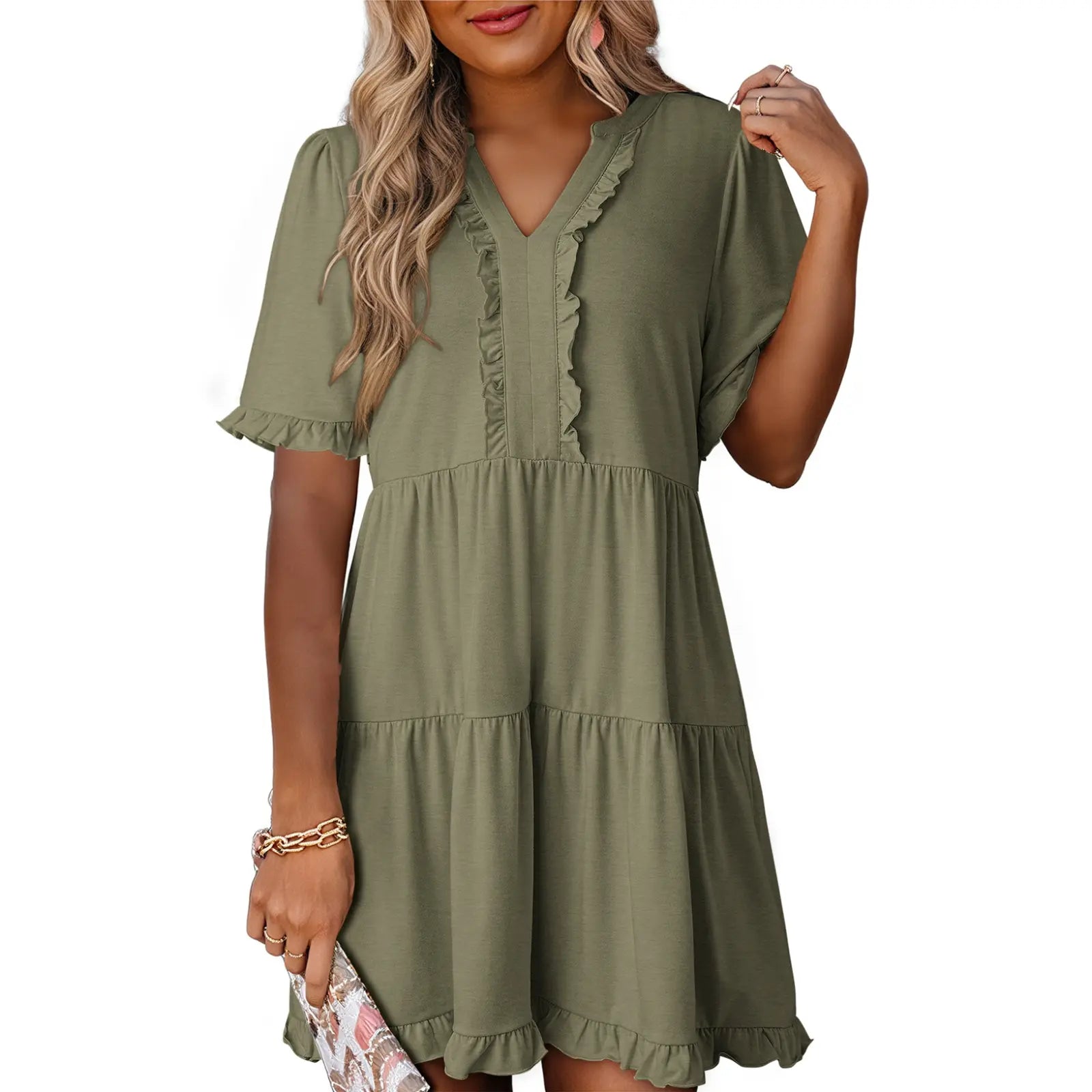 Dokotoo Womens Dresses 2026 Summer Spring V Neck Ruffle Short Sleeve Casual A-Line Flowy Swing Shift Dress Mini Dress