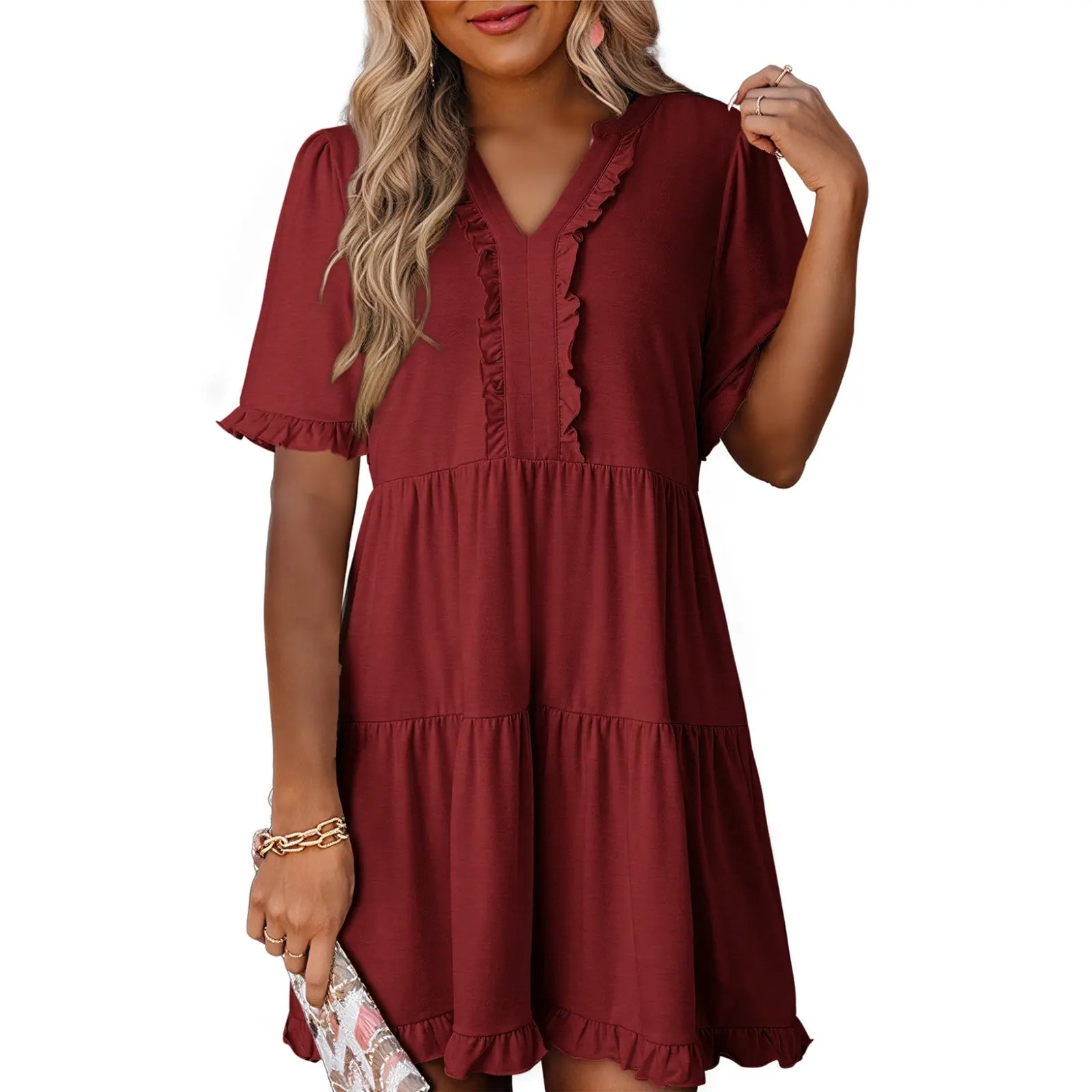 Dokotoo Womens Dresses 2026 Summer Spring V Neck Ruffle Short Sleeve Casual A-Line Flowy Swing Shift Dress Mini Dress