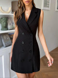 Women'S Double Breasted Lapel Collared Sleeveless Blazer Dress, Summer Clothes Women, Solid Collared Button Front Slim Tank Dress, Elegant Chic Formal Wear Women'S Dress for Work Office Business, Formal Bodycon Dress