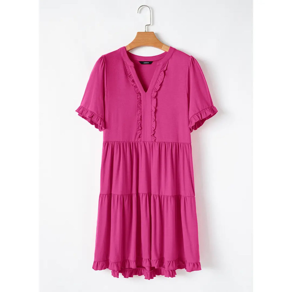Dokotoo Womens Dresses 2026 Summer Spring V Neck Ruffle Short Sleeve Casual A-Line Flowy Swing Shift Dress Mini Dress