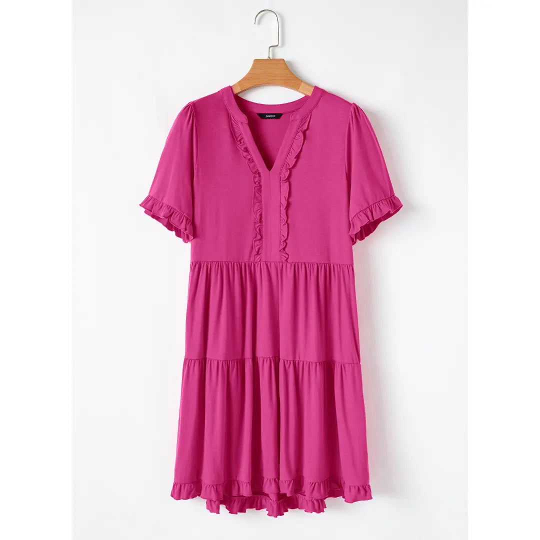 Dokotoo Womens Dresses 2026 Summer Spring V Neck Ruffle Short Sleeve Casual A-Line Flowy Swing Shift Dress Mini Dress