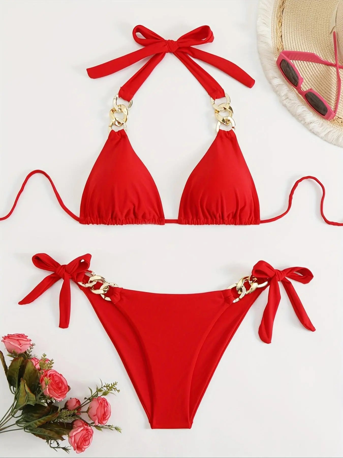 Women'S Solid Color Chian Decor Bikini Set, Casual Fashion Swim Bra & Swim Panty Swimsuit Set, Ladies Swimwear for Beach Holiday Vacation, Bathing Suits, Bikinis Sets