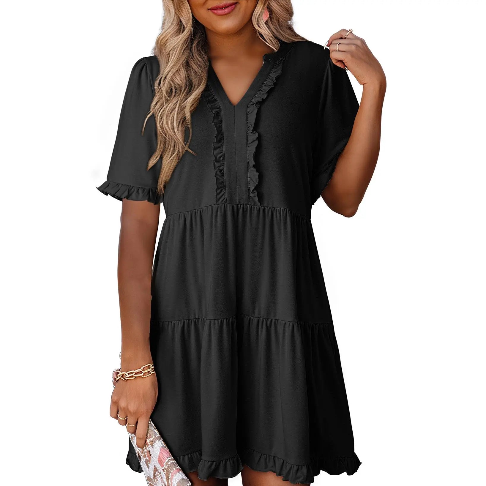 Dokotoo Womens Dresses 2026 Summer Spring V Neck Ruffle Short Sleeve Casual A-Line Flowy Swing Shift Dress Mini Dress
