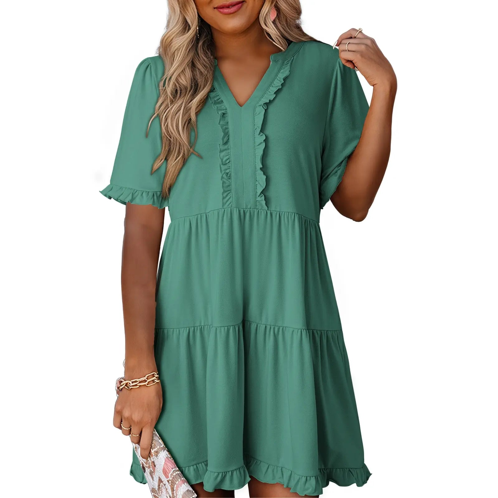 Dokotoo Womens Dresses 2026 Summer Spring V Neck Ruffle Short Sleeve Casual A-Line Flowy Swing Shift Dress Mini Dress
