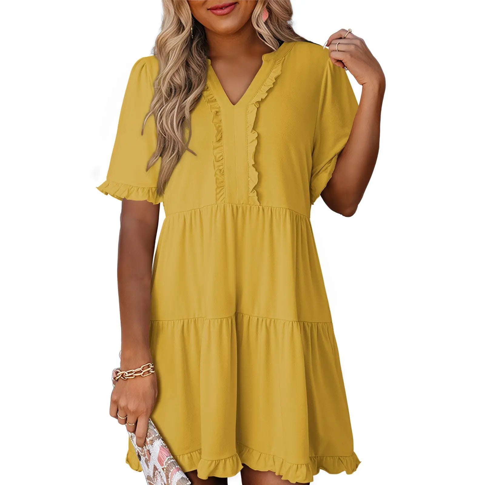Dokotoo Womens Dresses 2026 Summer Spring V Neck Ruffle Short Sleeve Casual A-Line Flowy Swing Shift Dress Mini Dress