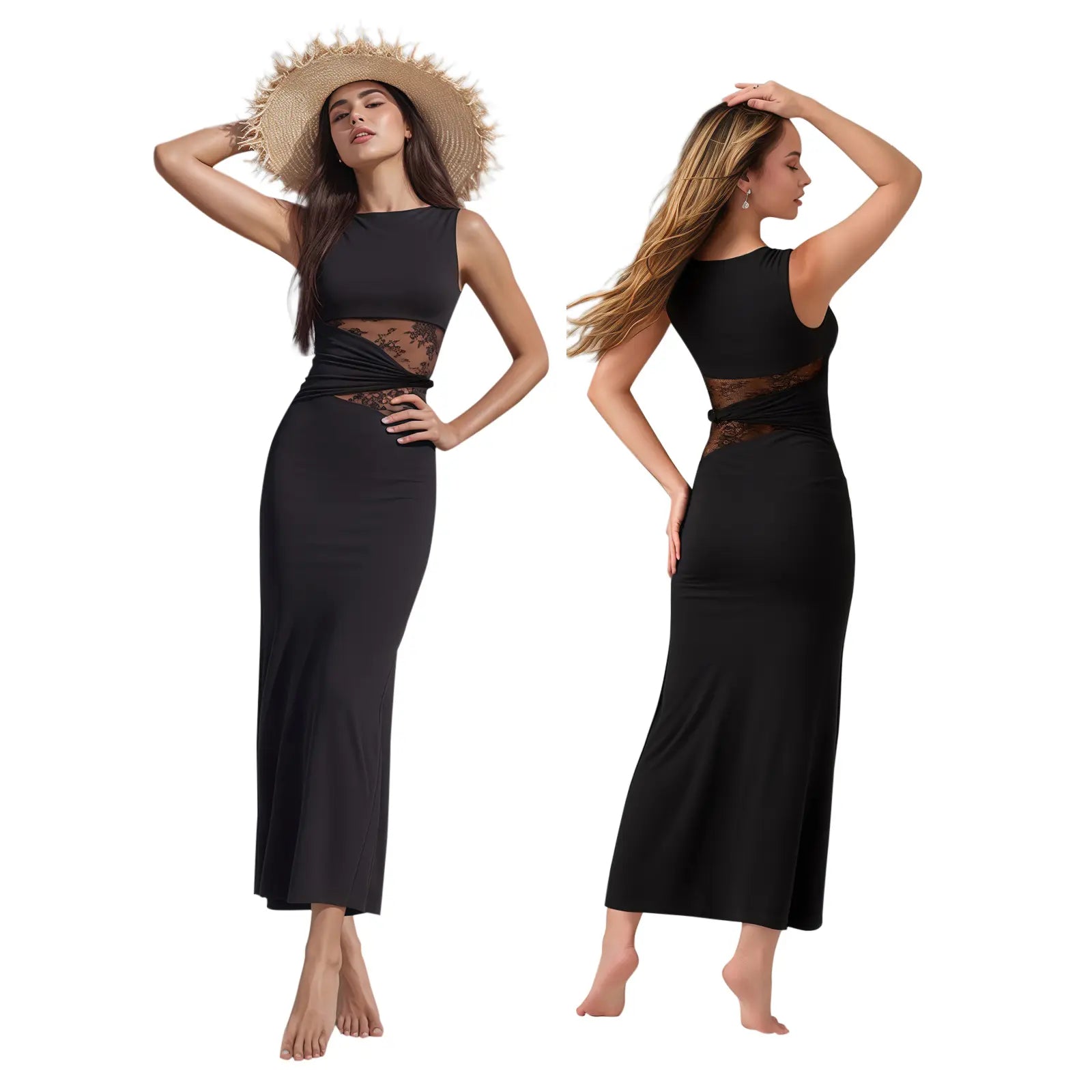 Women’S Summer Bodycon Dress - Lace Sexy Patchwork Sleeveless Casual Fashion Long Dress for Elegant Style