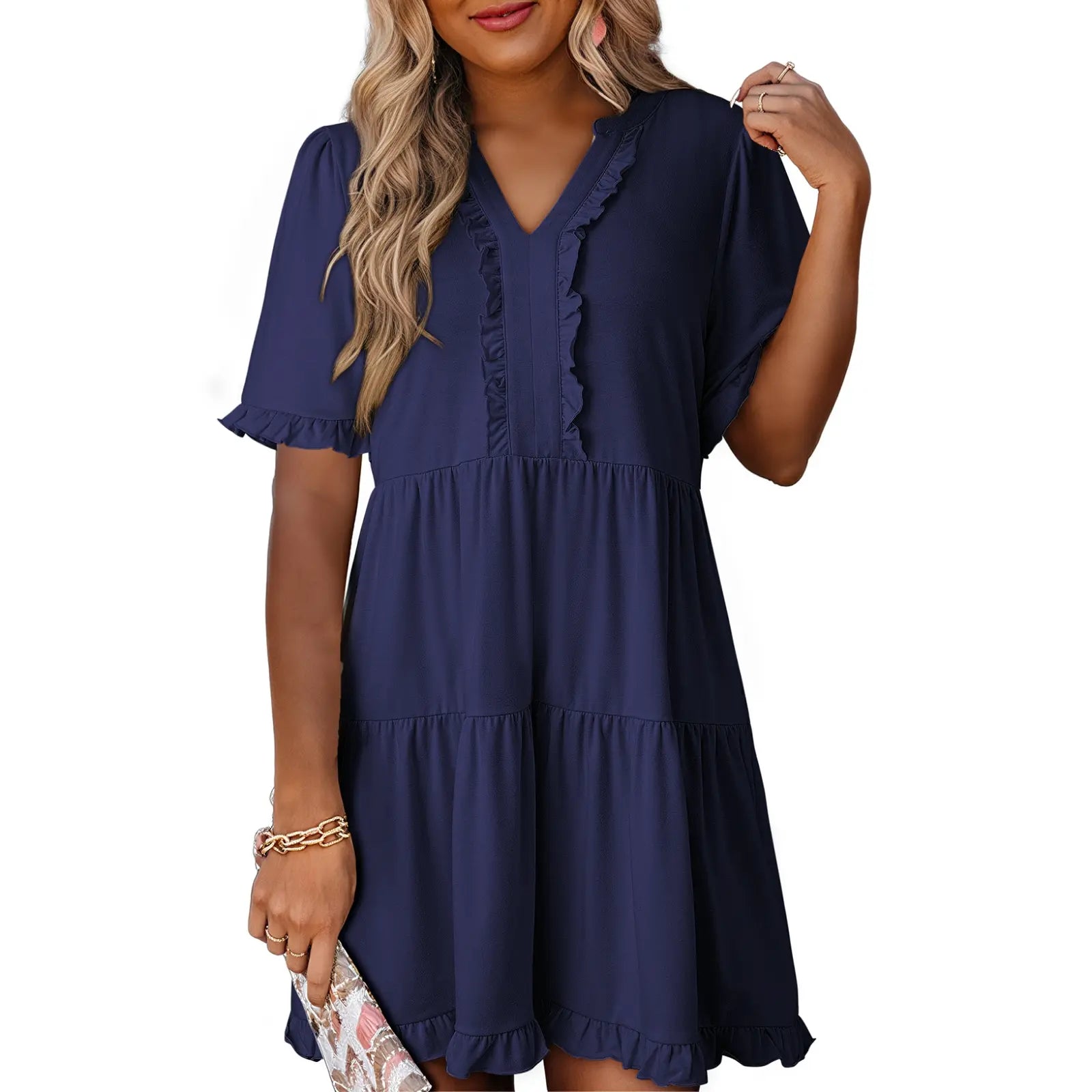 Dokotoo Womens Dresses 2026 Summer Spring V Neck Ruffle Short Sleeve Casual A-Line Flowy Swing Shift Dress Mini Dress