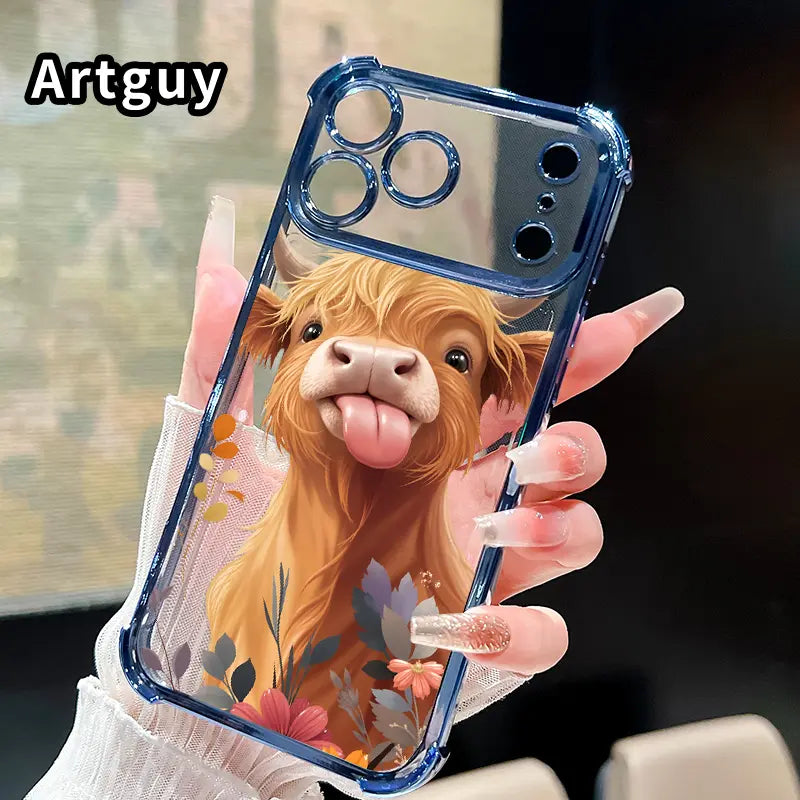 Phone Case for Iphone 17 16 Pro Max 15 plus 14 13 12 11 E Air Fluffy Cow Charm Pattern Mobile Four Corner Anti-Drop Shockproof Non-Slip Silicone Transparent Protective Cover