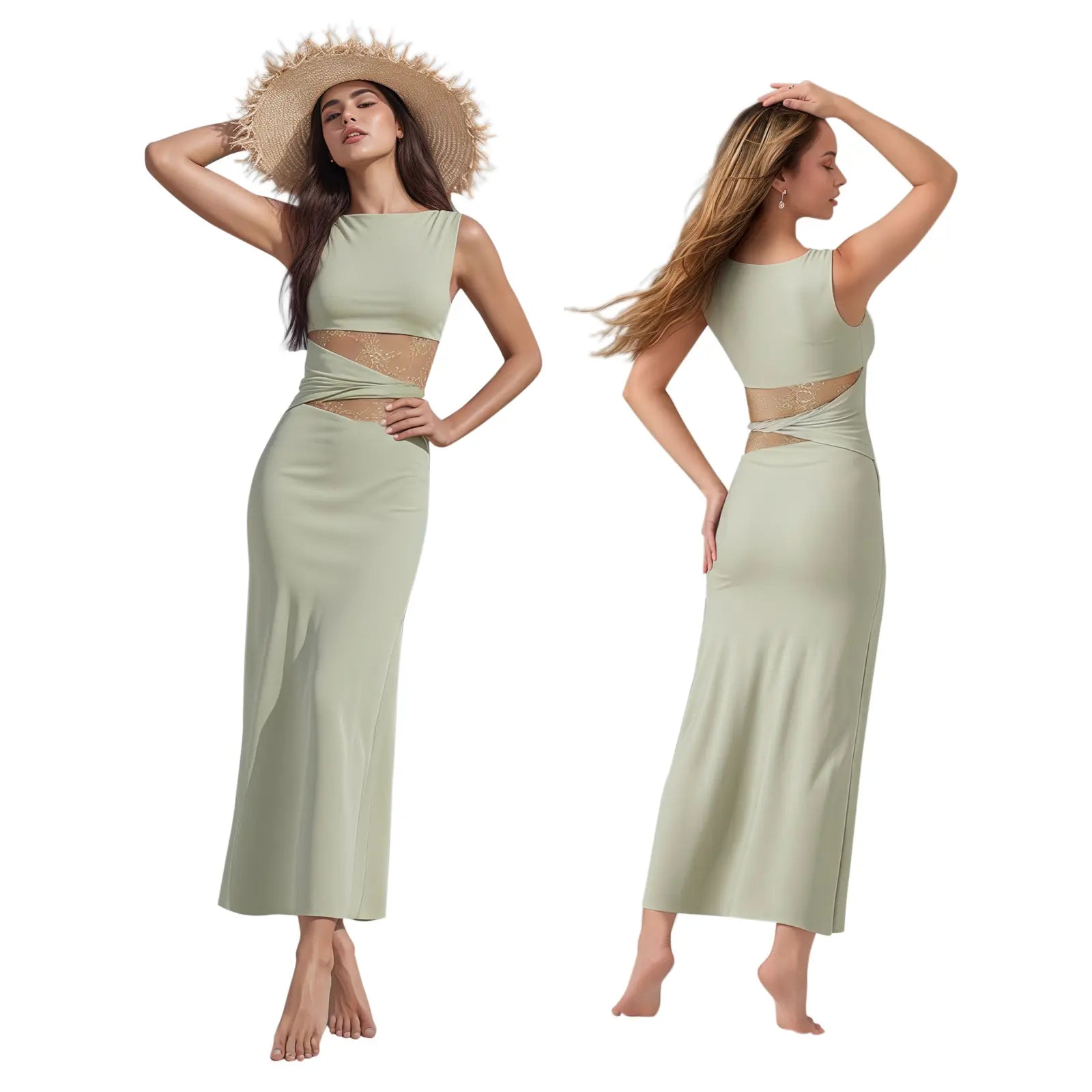 Women’S Summer Bodycon Dress - Lace Sexy Patchwork Sleeveless Casual Fashion Long Dress for Elegant Style