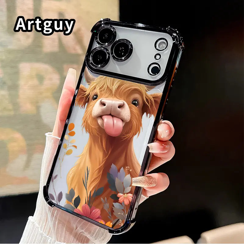 Phone Case for Iphone 17 16 Pro Max 15 plus 14 13 12 11 E Air Fluffy Cow Charm Pattern Mobile Four Corner Anti-Drop Shockproof Non-Slip Silicone Transparent Protective Cover