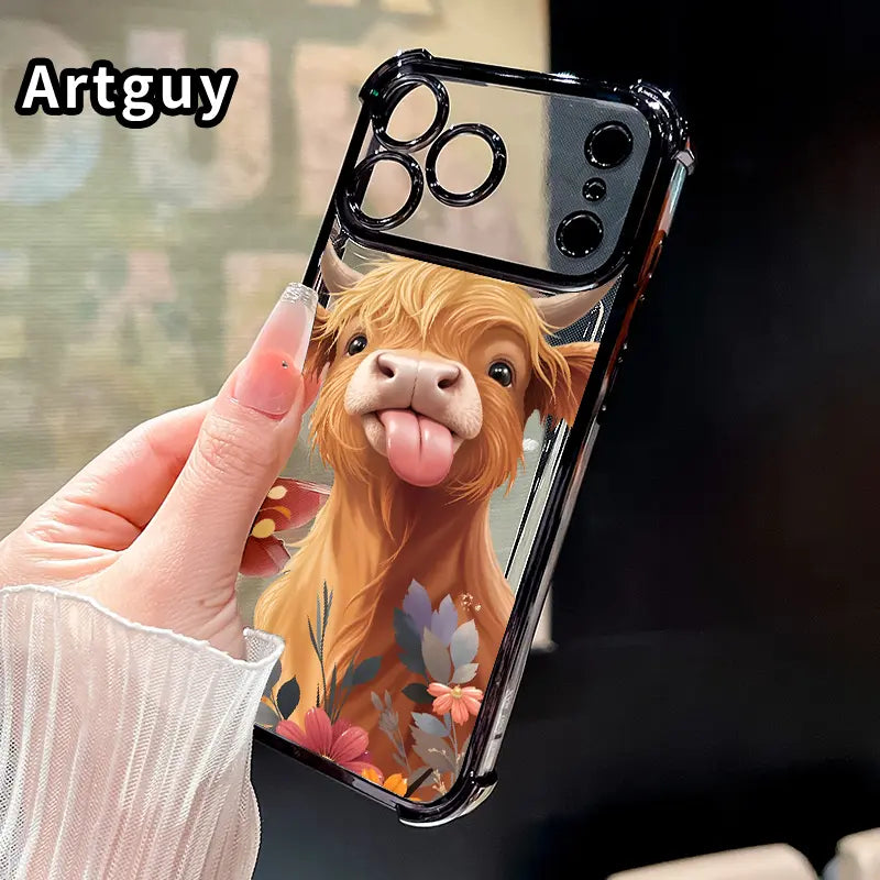 Phone Case for Iphone 17 16 Pro Max 15 plus 14 13 12 11 E Air Fluffy Cow Charm Pattern Mobile Four Corner Anti-Drop Shockproof Non-Slip Silicone Transparent Protective Cover