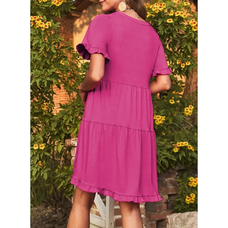 Dokotoo Womens Dresses 2026 Summer Spring V Neck Ruffle Short Sleeve Casual A-Line Flowy Swing Shift Dress Mini Dress