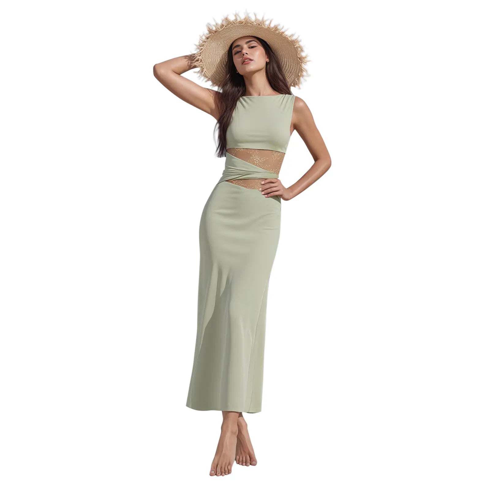 Women’S Summer Bodycon Dress - Lace Sexy Patchwork Sleeveless Casual Fashion Long Dress for Elegant Style