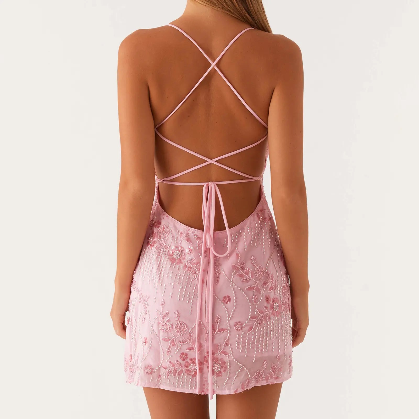 Women Mini Dress Sequins Flower Embroidery Sleeveless Cami Dress Summer Cross Backless Spaghetti Strap Dress