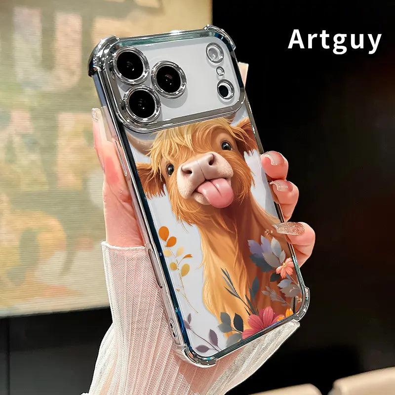 Phone Case for Iphone 17 16 Pro Max 15 plus 14 13 12 11 E Air Fluffy Cow Charm Pattern Mobile Four Corner Anti-Drop Shockproof Non-Slip Silicone Transparent Protective Cover
