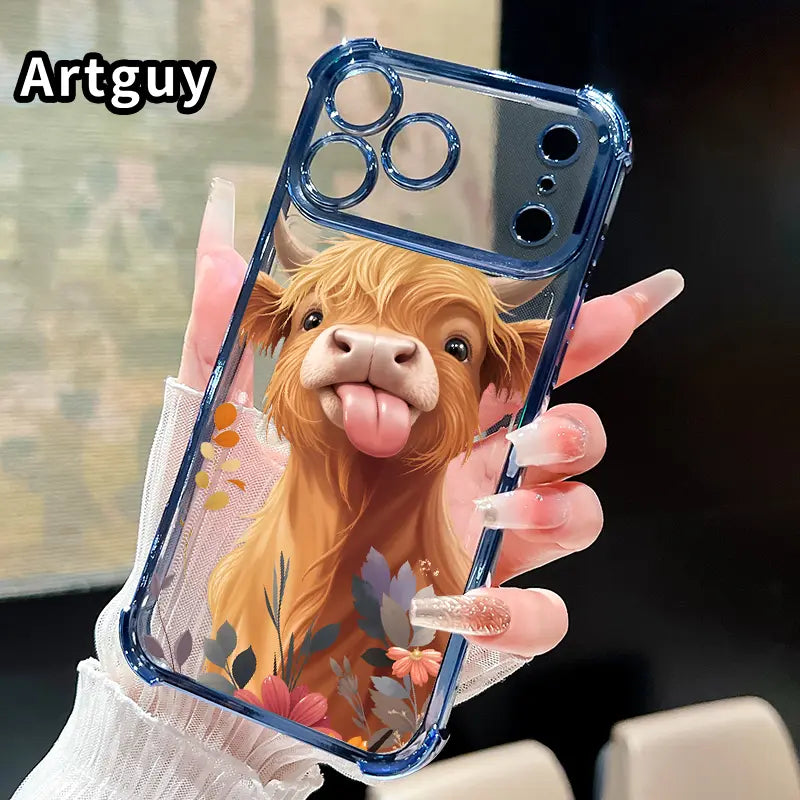 Phone Case for Iphone 17 16 Pro Max 15 plus 14 13 12 11 E Air Fluffy Cow Charm Pattern Mobile Four Corner Anti-Drop Shockproof Non-Slip Silicone Transparent Protective Cover