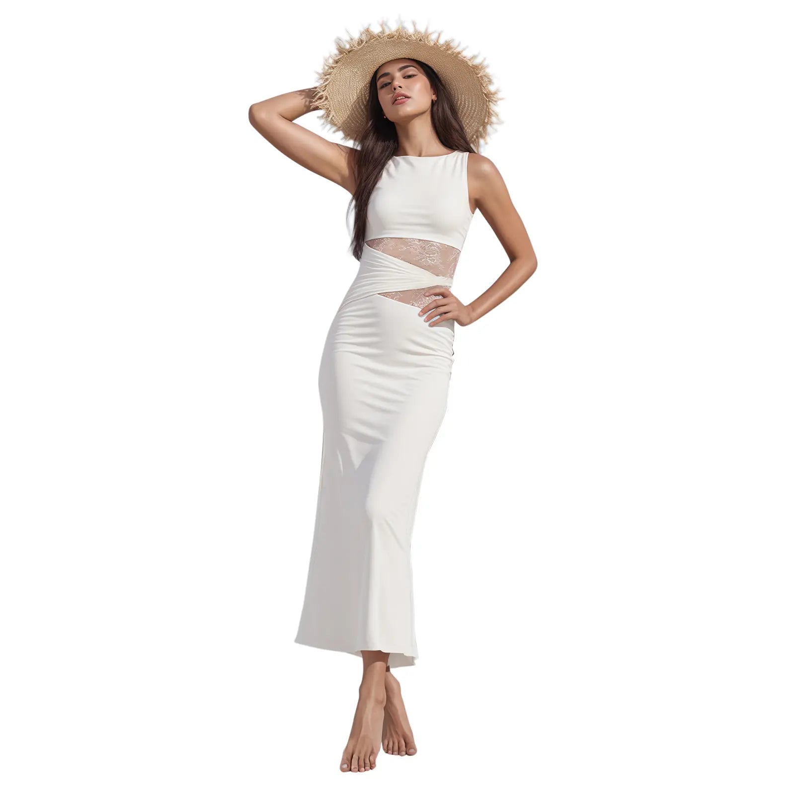 Women’S Summer Bodycon Dress - Lace Sexy Patchwork Sleeveless Casual Fashion Long Dress for Elegant Style