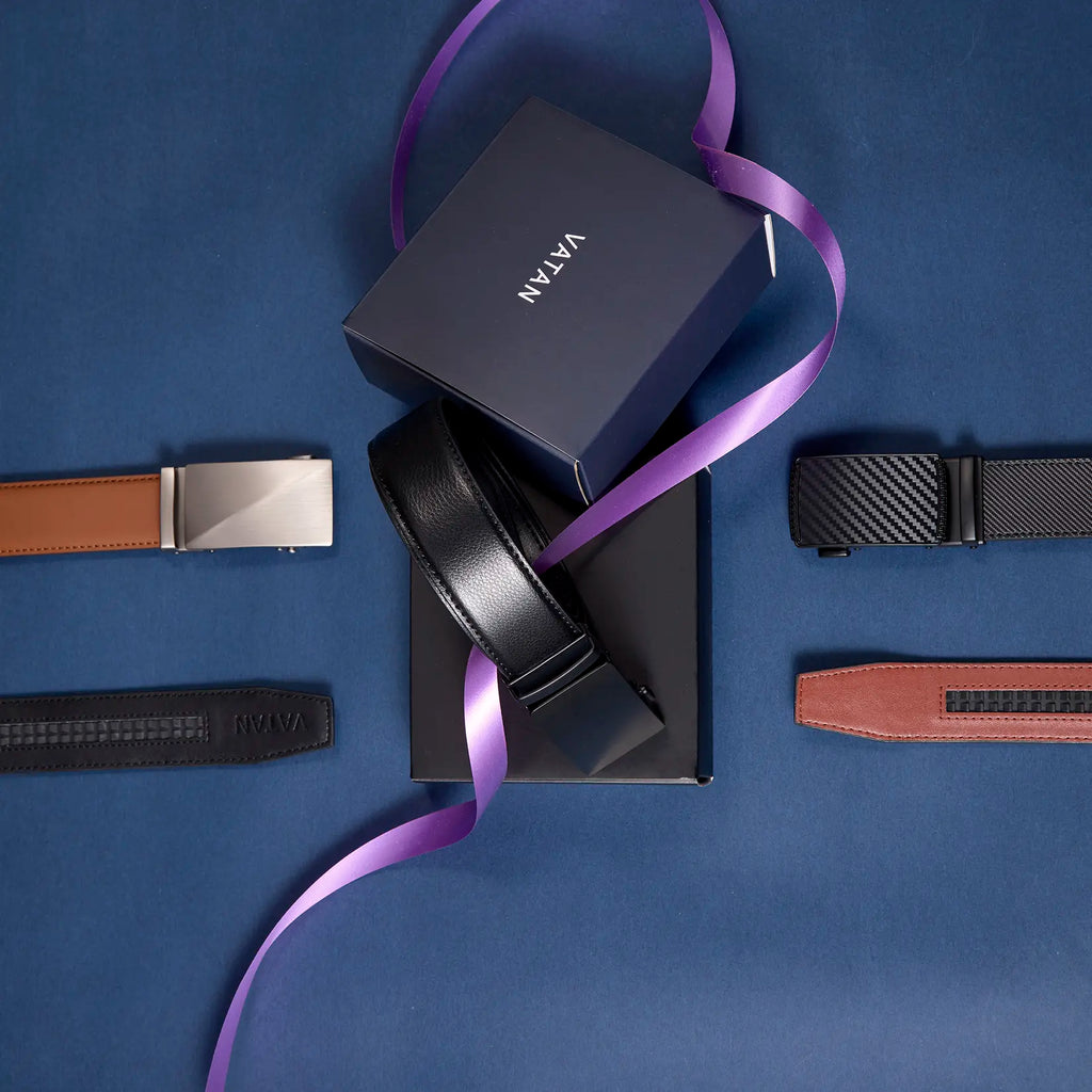 VATAN Premium Belts for Men 2 Pack - Mens Belt Leather Hip Dips Men Belt with Auto Buckle Jeans Belt Golf & Casual Style Trendy Must-Have Belts in Gift Set Box Can Be Cut to Adjust Length, Guys Gifts, Gifts for Him