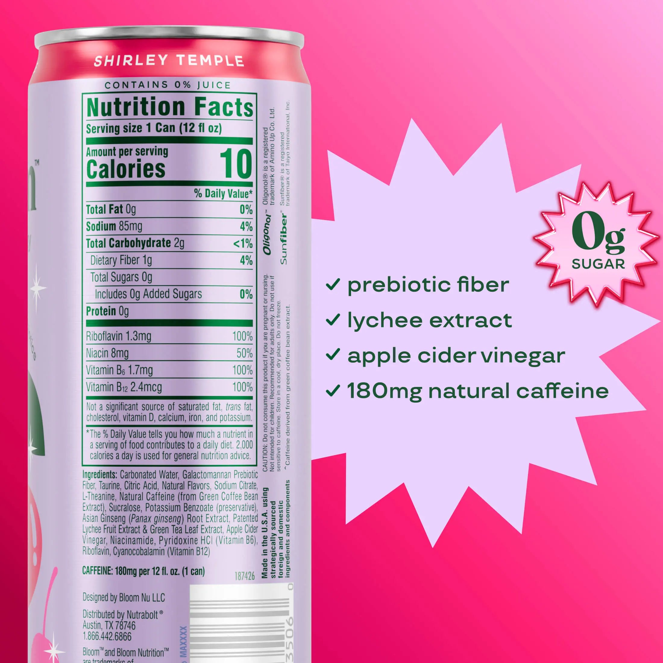 NEW - Bloom Sparkling Energy Drink - Shirley Temple - Natural Caffeine, Zero Sugar, 180Mg Caffeine - Antioxidant-Rich with Green Coffee Bean, Green Tea Extract, Prebiotics, 12Oz 12 Pack