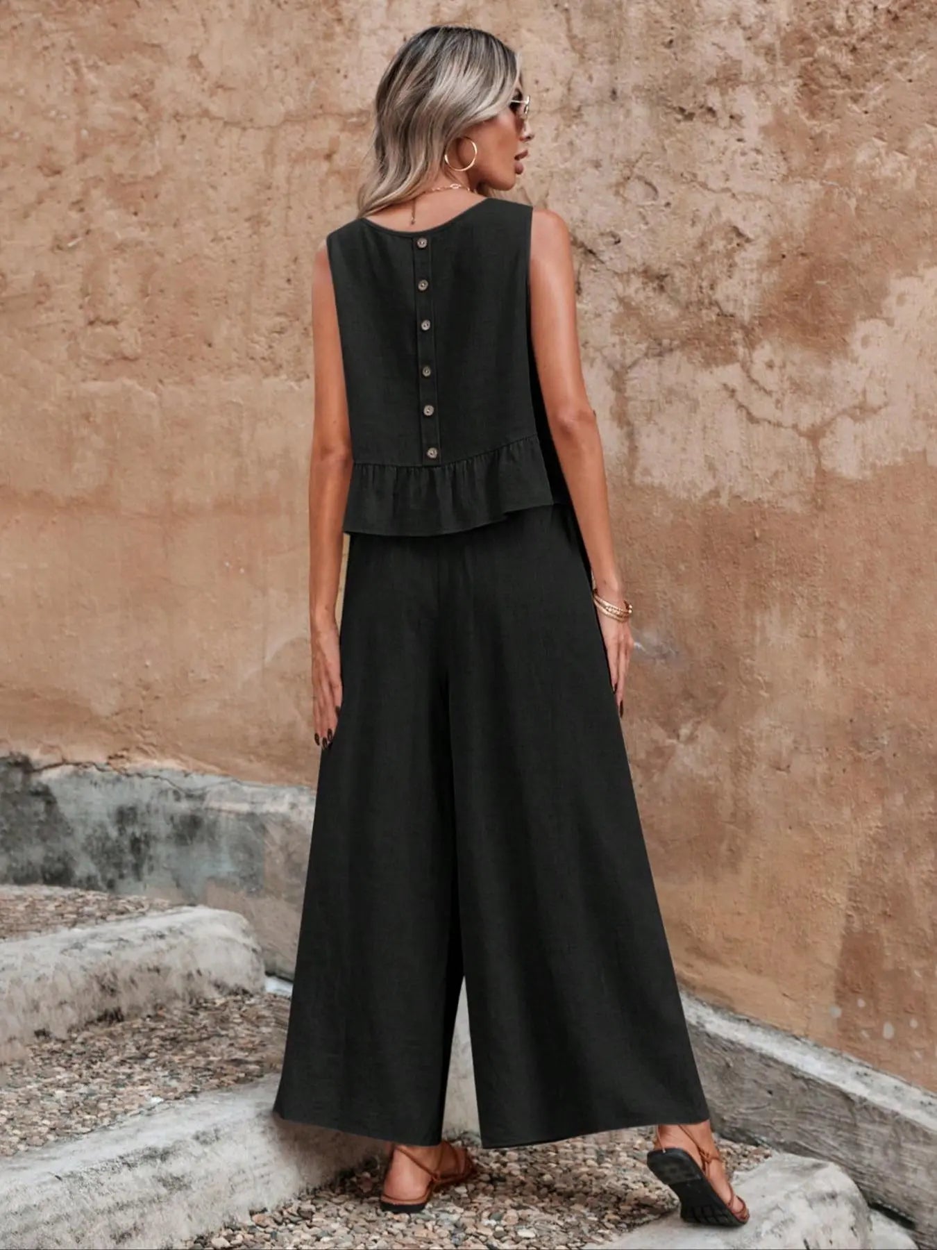 Women'S Solid Ruffle Hem Sleeveless Tank Top & Elastic Waist Wide Leg Pants Set, Casual Button-Detail round Neck Top & Pocket Trousers, Ladies Summer Clothes, Clothing Sets