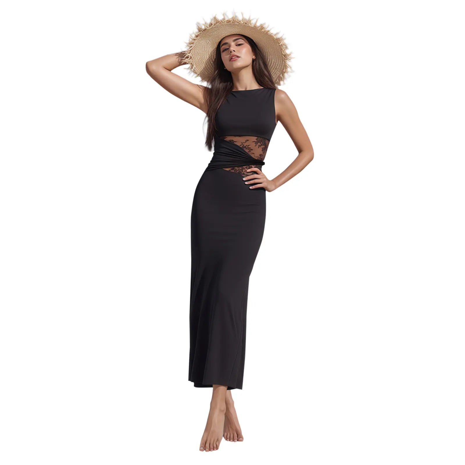 Women’S Summer Bodycon Dress - Lace Sexy Patchwork Sleeveless Casual Fashion Long Dress for Elegant Style