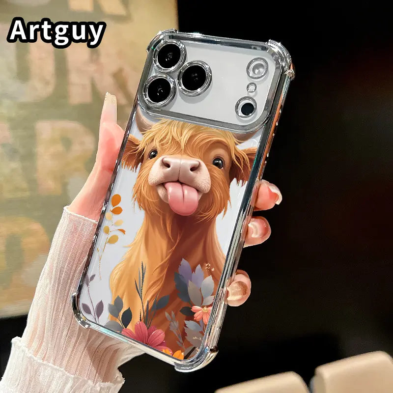 Phone Case for Iphone 17 16 Pro Max 15 plus 14 13 12 11 E Air Fluffy Cow Charm Pattern Mobile Four Corner Anti-Drop Shockproof Non-Slip Silicone Transparent Protective Cover