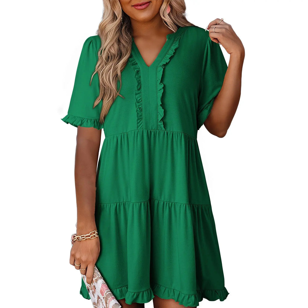 Dokotoo Womens Dresses 2026 Summer Spring V Neck Ruffle Short Sleeve Casual A-Line Flowy Swing Shift Dress Mini Dress