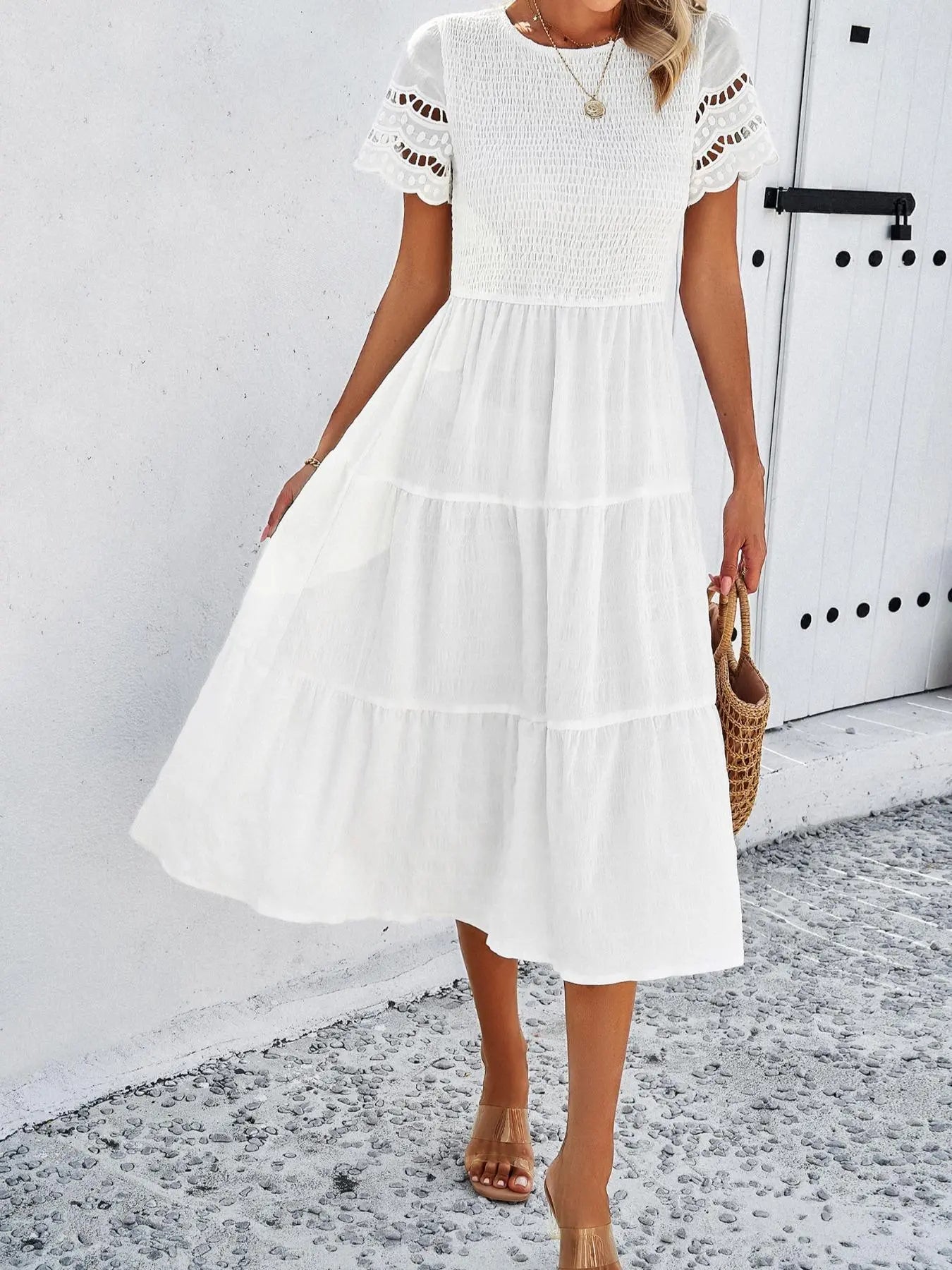 YNIQUE Women’S Casual Wear Solid Color Elegant Short-Sleeve Maxi Dress with Cutout, Lace & Patchwork Details, Comfortable Skirt for Beach Vacations & Travel