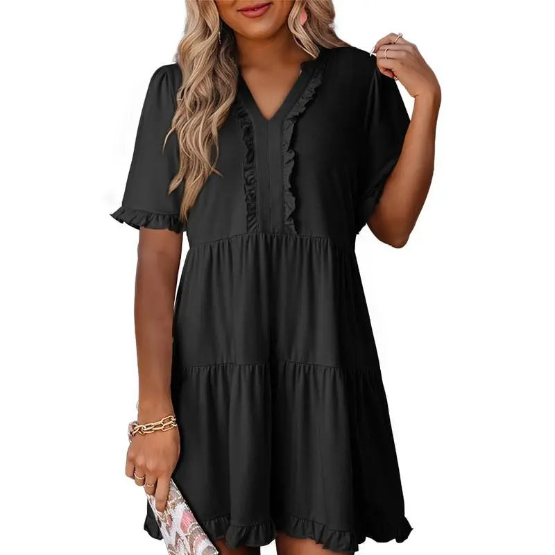 Dokotoo Womens Dresses 2026 Summer Spring V Neck Ruffle Short Sleeve Casual A-Line Flowy Swing Shift Dress Mini Dress