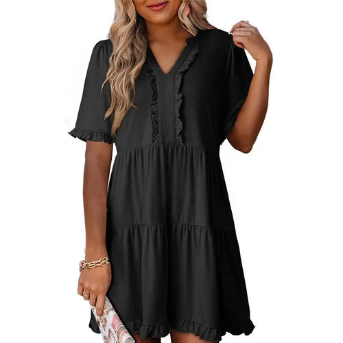 Dokotoo Womens Dresses 2026 Summer Spring V Neck Ruffle Short Sleeve Casual A-Line Flowy Swing Shift Dress Mini Dress