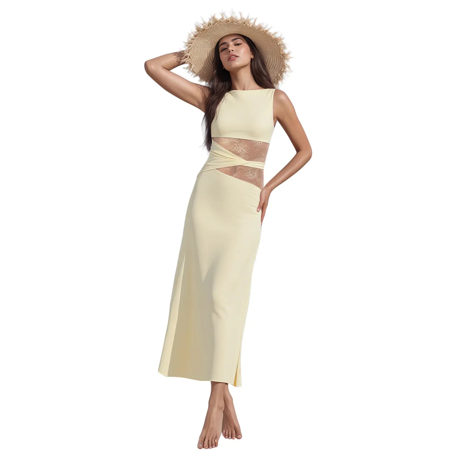 Women’S Summer Bodycon Dress - Lace Sexy Patchwork Sleeveless Casual Fashion Long Dress for Elegant Style