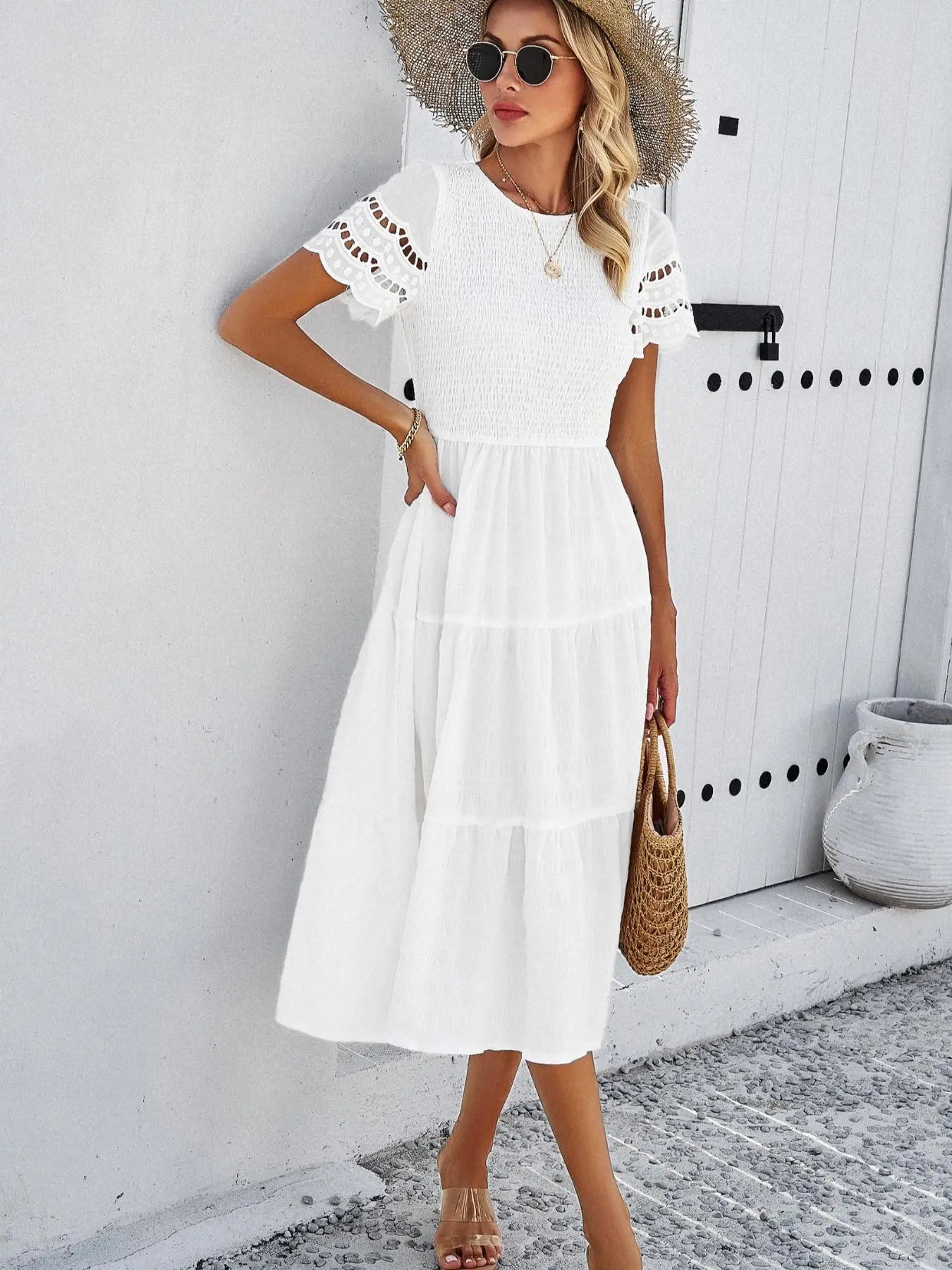 YNIQUE Women’S Casual Wear Solid Color Elegant Short-Sleeve Maxi Dress with Cutout, Lace & Patchwork Details, Comfortable Skirt for Beach Vacations & Travel