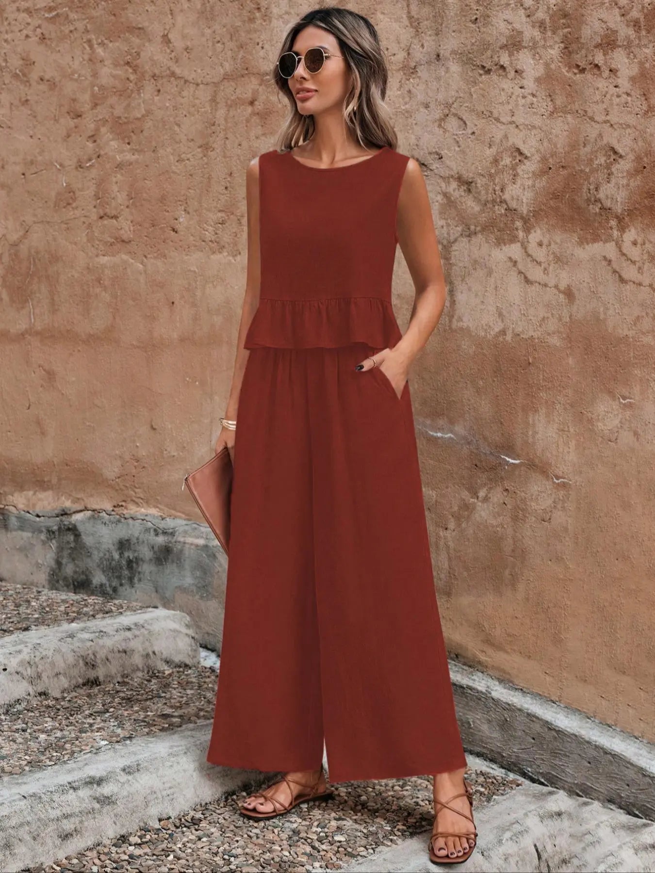 Women'S Solid Ruffle Hem Sleeveless Tank Top & Elastic Waist Wide Leg Pants Set, Casual Button-Detail round Neck Top & Pocket Trousers, Ladies Summer Clothes, Clothing Sets
