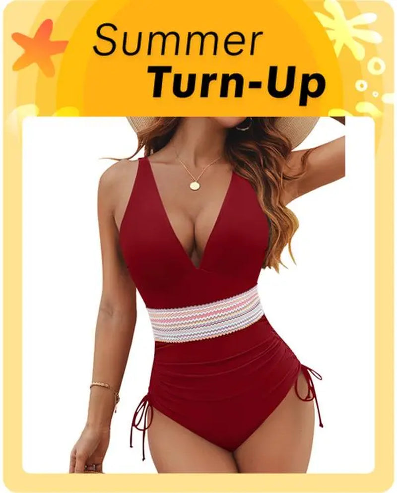 Blooming Jelly Women Tummy Control Swimsuits One Piece Slimming Modest Bathing Suit Color Block Drawstring Swim Suits