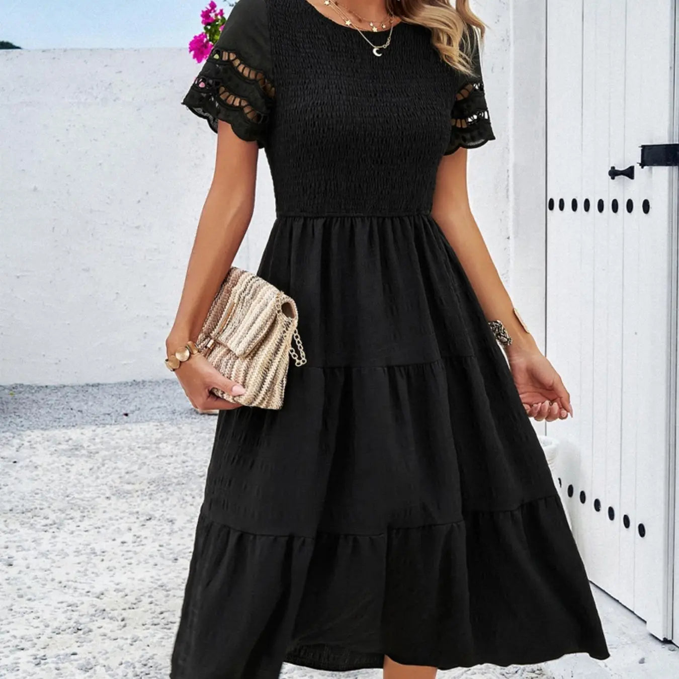 YNIQUE Women’S Casual Wear Solid Color Elegant Short-Sleeve Maxi Dress with Cutout, Lace & Patchwork Details, Comfortable Skirt for Beach Vacations & Travel
