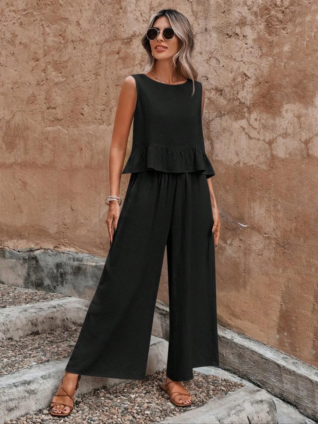 Women'S Solid Ruffle Hem Sleeveless Tank Top & Elastic Waist Wide Leg Pants Set, Casual Button-Detail round Neck Top & Pocket Trousers, Ladies Summer Clothes, Clothing Sets