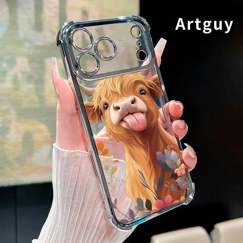 Phone Case for Iphone 17 16 Pro Max 15 plus 14 13 12 11 E Air Fluffy Cow Charm Pattern Mobile Four Corner Anti-Drop Shockproof Non-Slip Silicone Transparent Protective Cover