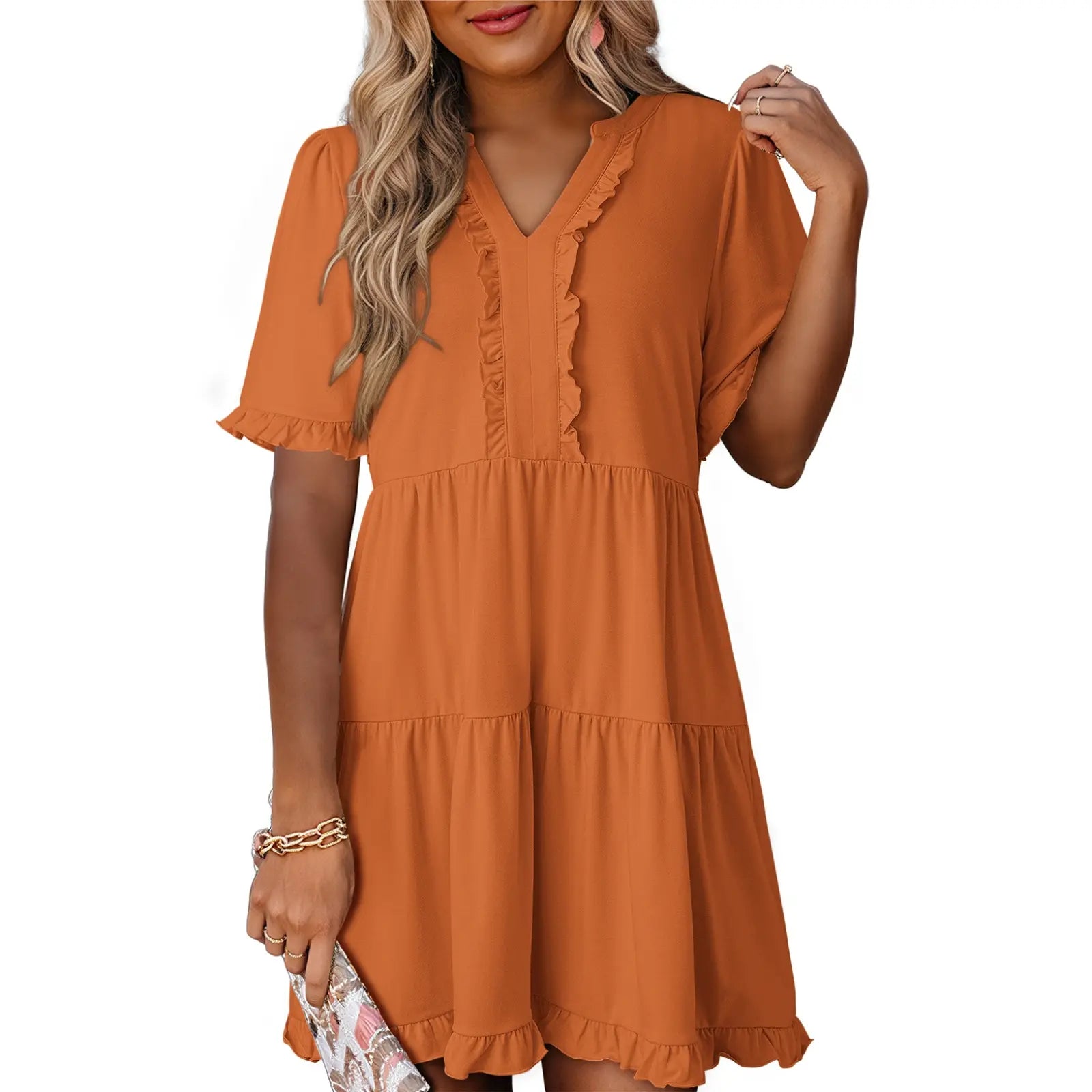 Dokotoo Womens Dresses 2026 Summer Spring V Neck Ruffle Short Sleeve Casual A-Line Flowy Swing Shift Dress Mini Dress