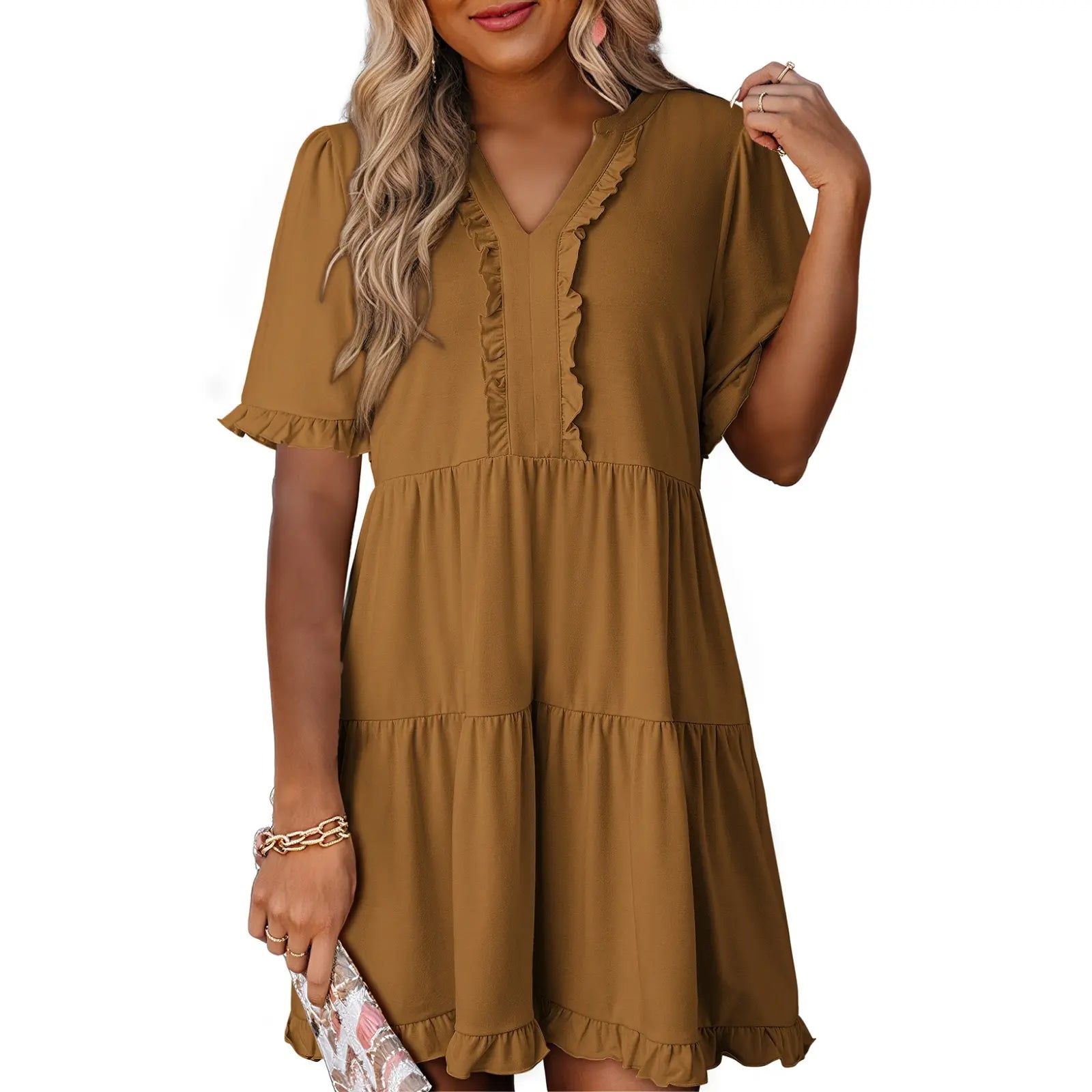Dokotoo Womens Dresses 2026 Summer Spring V Neck Ruffle Short Sleeve Casual A-Line Flowy Swing Shift Dress Mini Dress