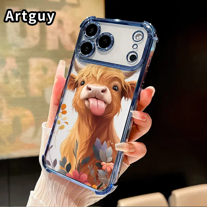 Phone Case for Iphone 17 16 Pro Max 15 plus 14 13 12 11 E Air Fluffy Cow Charm Pattern Mobile Four Corner Anti-Drop Shockproof Non-Slip Silicone Transparent Protective Cover